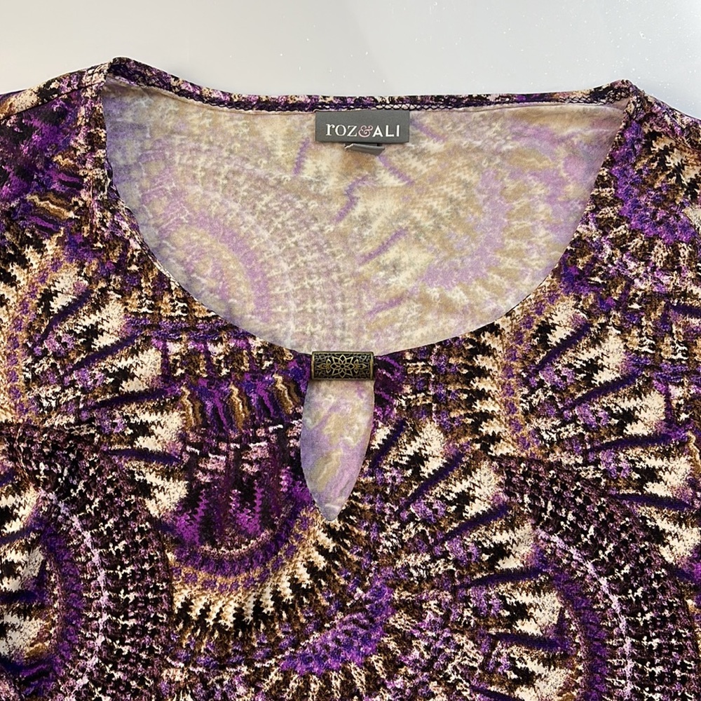 ROZ & ALI Size Women Top Blouse Purple Tan Print 3/4 Sleeve X22-32 - Picture 4 of 6